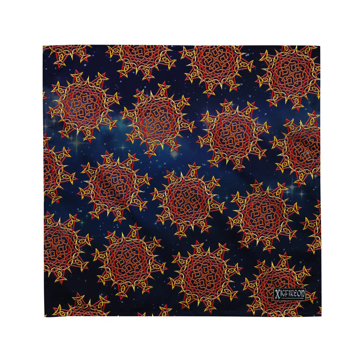 A medium Xigfireon bandana adorned with the Fire Colour Cosmos patterned series of the Morning Star Fire Celtic knot design.
