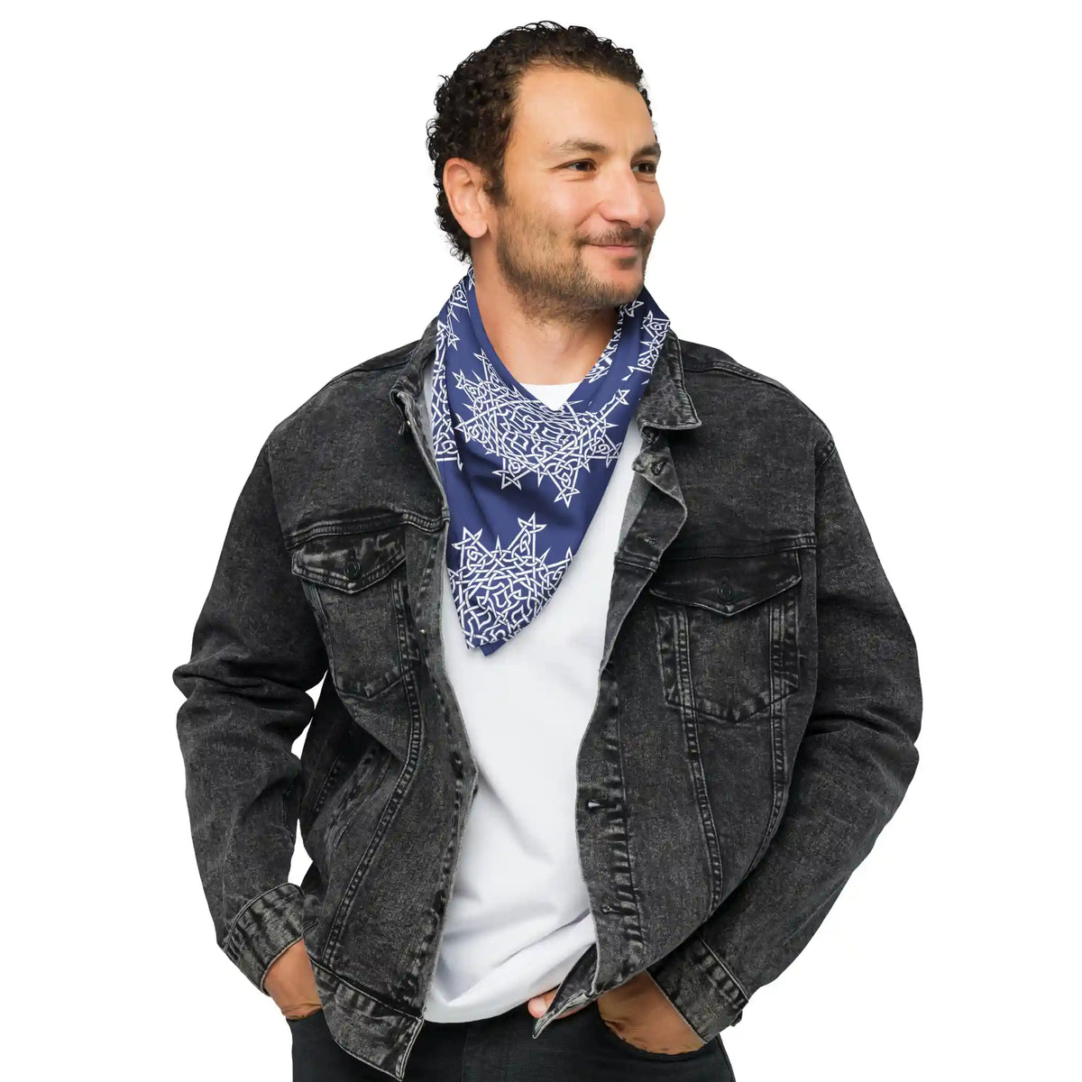 A young man wearing a Xigfireon bandana adorned with the Morning Star Fire Navy Blue and White Celtic knot pattern.