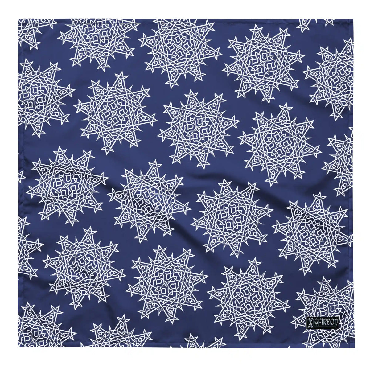 A large Xigfireon bandana adorned with the Navy Blue and White patterned series of the Morning Star Fire Celtic knot design.