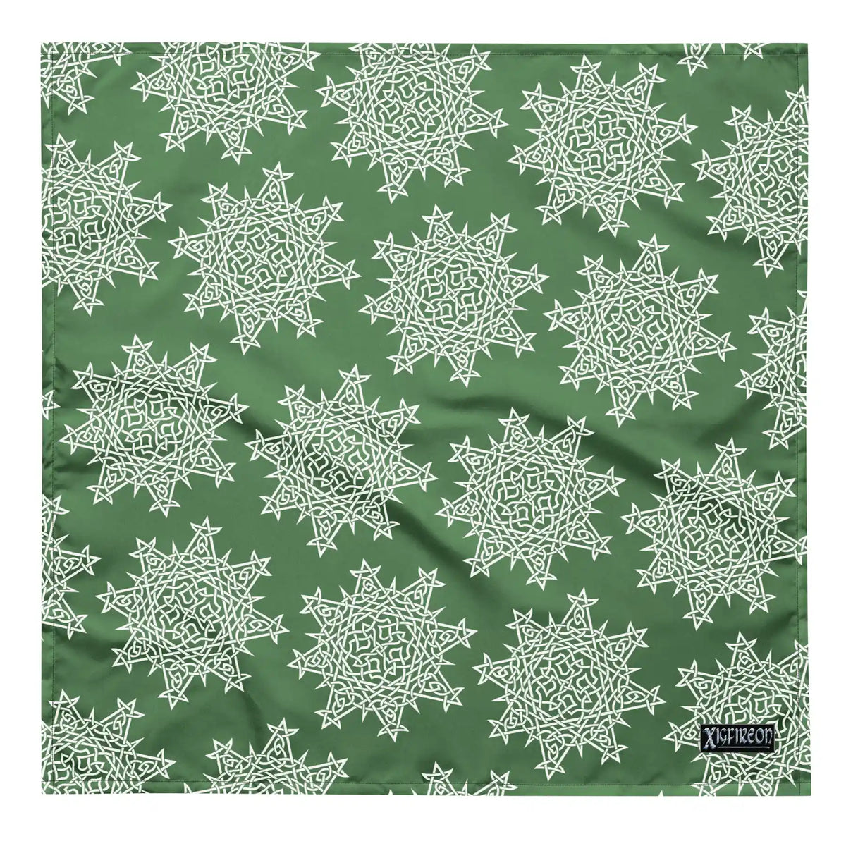 A large Xigfireon bandana adorned with the Olive Green and White patterned series of the Morning Star Fire Celtic knot design.