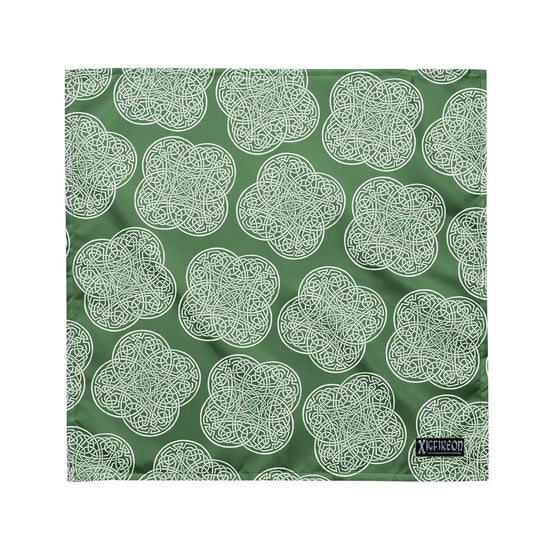 Celtic knot bandana by Xigfireon featuring the Olive Green & White patterned series of the `Reach Of The Spirit` design. Medium size measuring 21 ¼ inches by 21 ¼ inches.