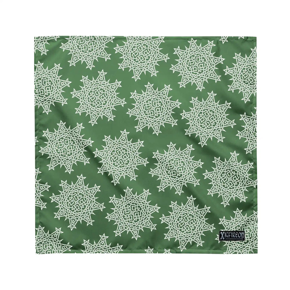 A medium Xigfireon bandana adorned with the Olive Green and White patterned series of the Morning Star Fire Celtic knot design.