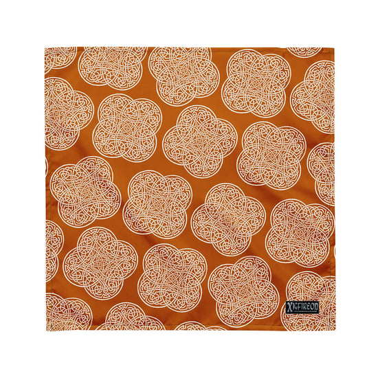 Celtic knot bandana by Xigfireon featuring the Orange & White patterned series of the `Reach Of The Spirit` design. Medium size measuring 21 ¼ inches by 21 ¼ inches.