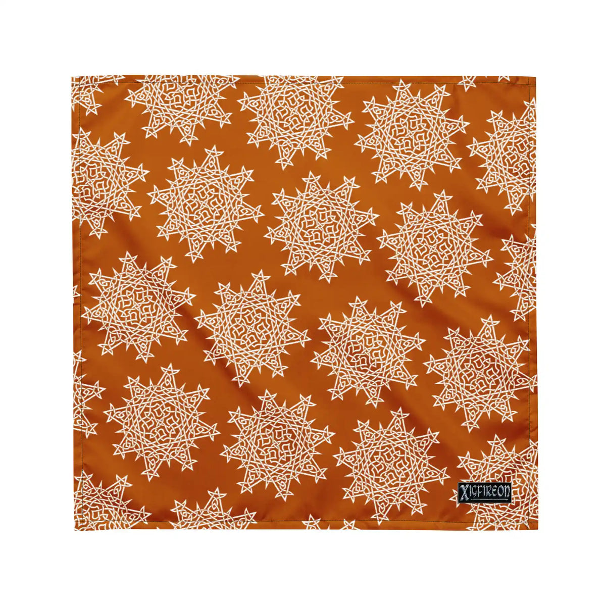 A medium Xigfireon bandana adorned with the Orange and White patterned series of the Morning Star Fire Celtic knot design.