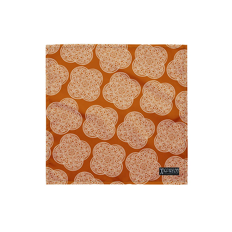 Celtic knot bandana by Xigfireon featuring the Orange & White patterned series of the `Reach Of The Spirit` design. Small size measuring 17 ⅜ inches by 17 ⅜ inches.