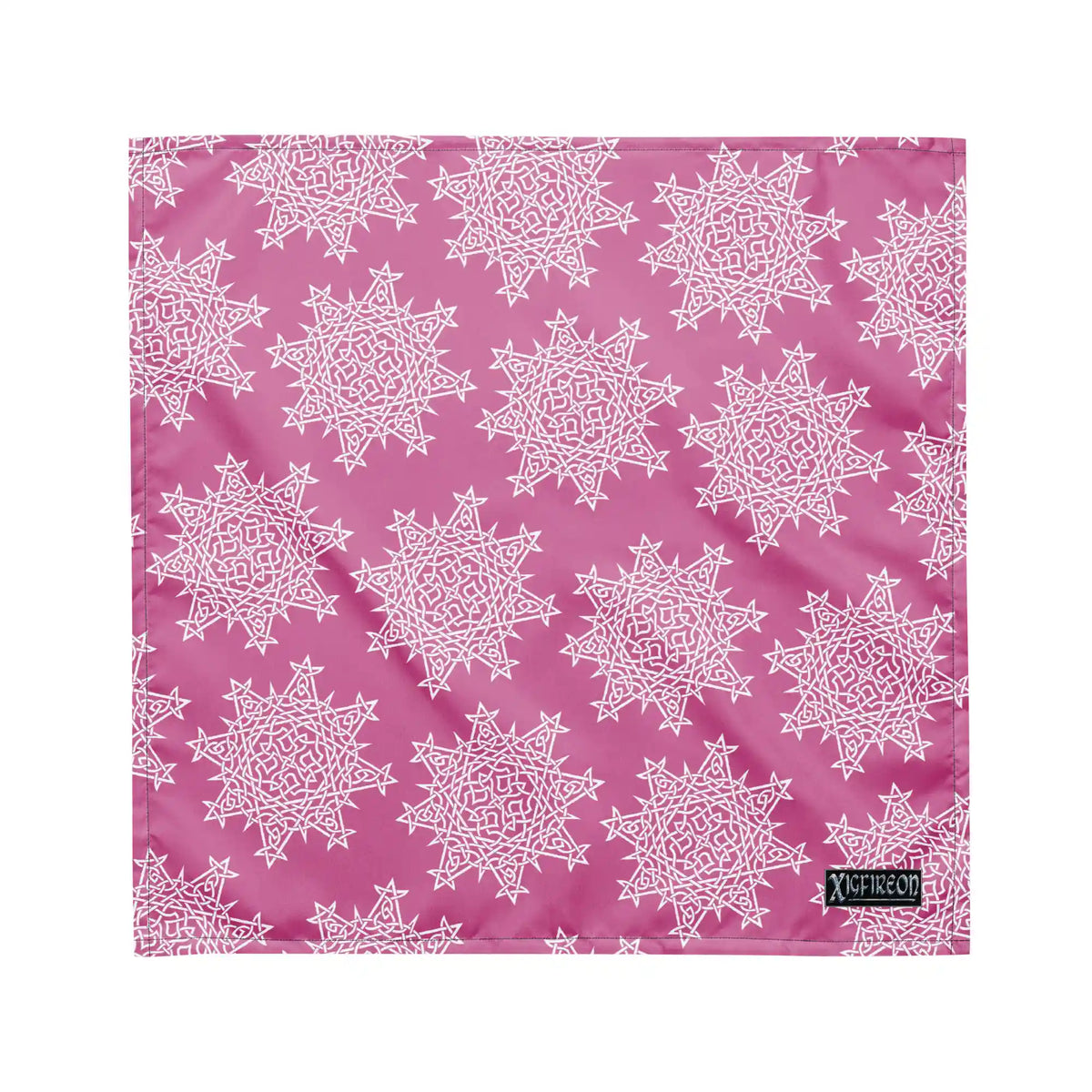 A medium Xigfireon bandana adorned with the Pink and White patterned series of the Morning Star Fire Celtic knot design.