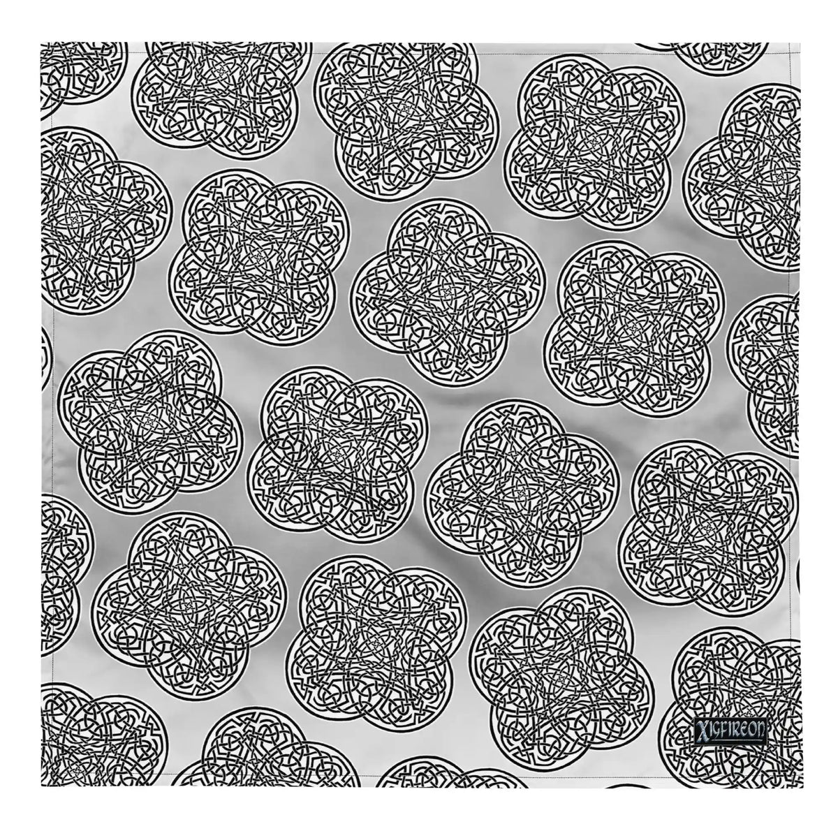 A large Xigfireon bandana adorned with the Black and White Solid Forest Inverted patterned series of the Reach Of The Spirit Celtic knot design.