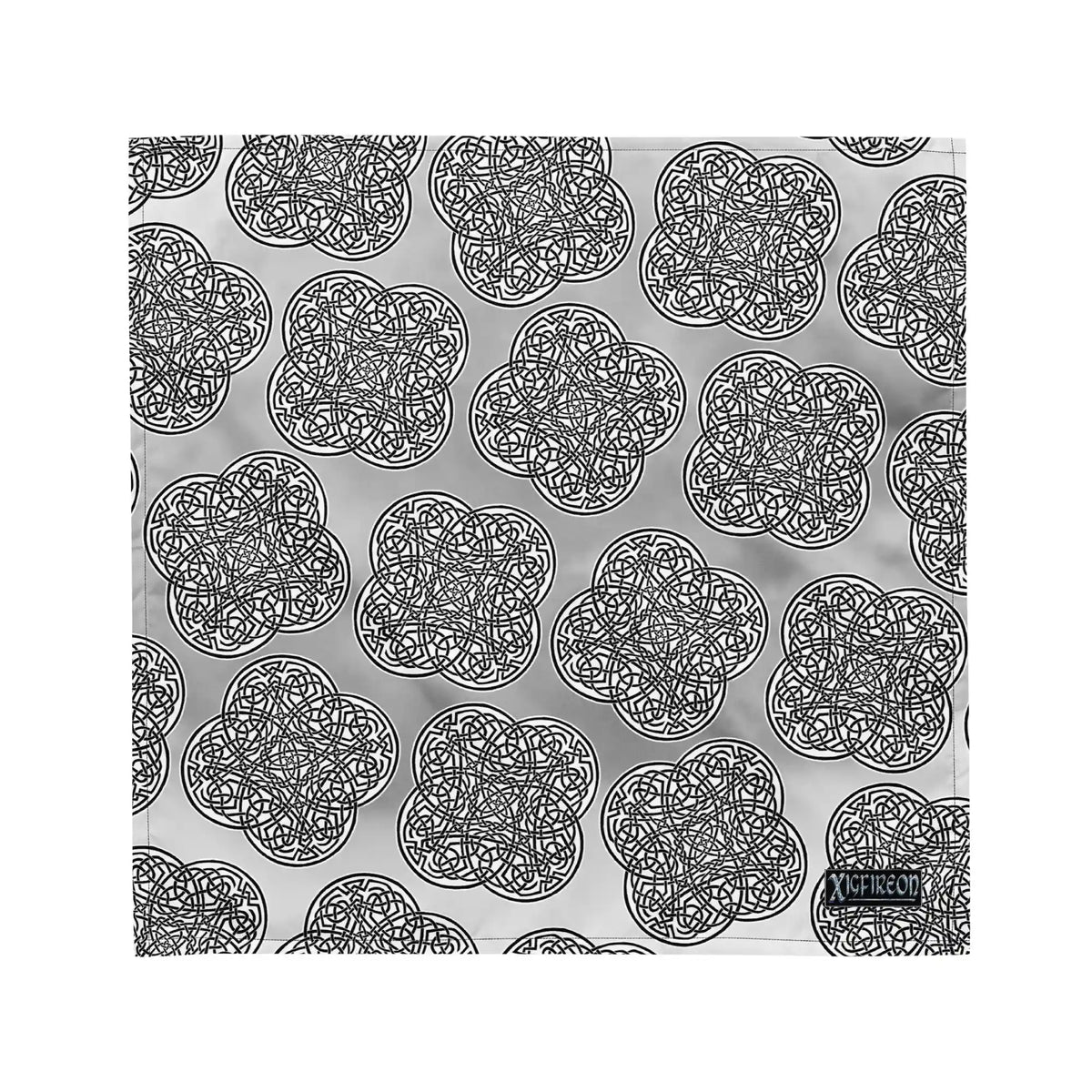 A medium Xigfireon bandana adorned with the Black and White Solid Forest Inverted patterned series of the Reach Of The Spirit Celtic knot design.