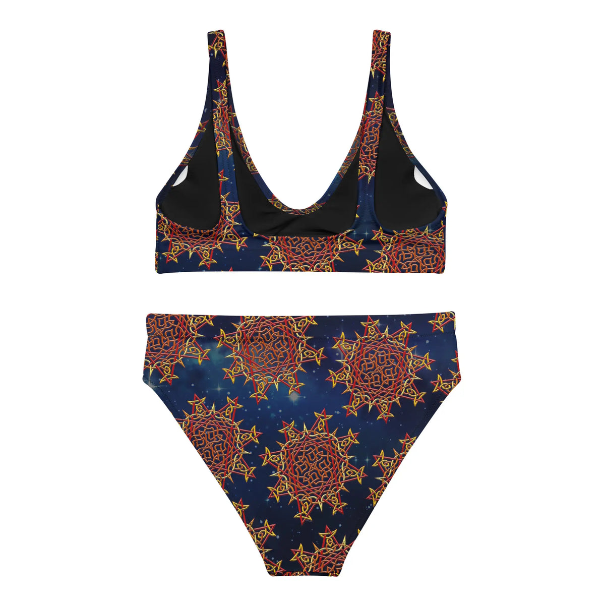 The back side of a Xigfireon graphic bikini featuring the Fire Colour Cosmos patterned series of the Morning Star Fire Celtic knot design.
