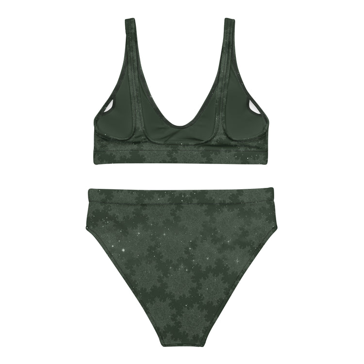 Celtic knot bikini by Xigfireon, shown from the back, featuring the Midnight Green Cosmos patterned series of the `Morning Star Fire` design.
