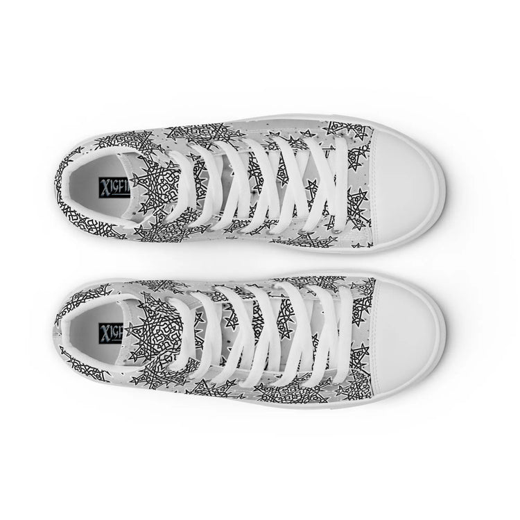 A view from above of a pair of canvas high tops featuring the Inverted Black & White Solid Cosmos iteration of the Morning Star Fire Celtic knot pattern. The Xigfireon logo on the insole is visible.