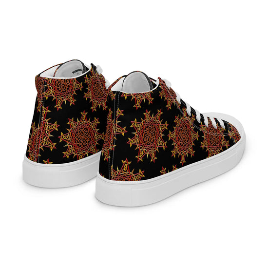 The back side of a pair of black Xigfireon canvas high tops featuring the Fire Colour iteration of the Morning Star Fire Celtic knot pattern.