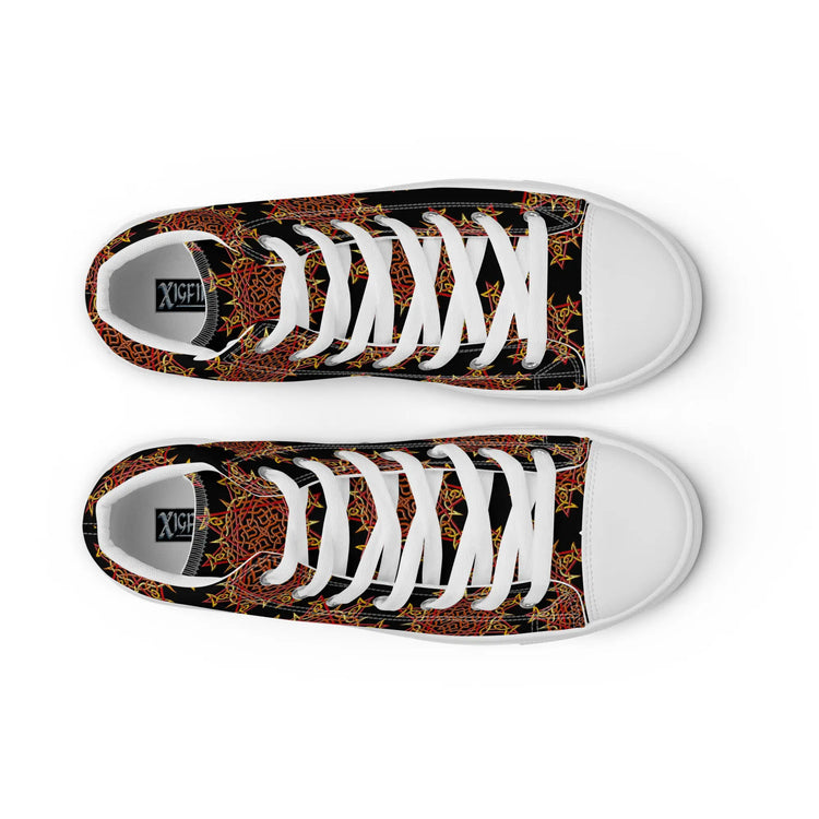 A view from above of a pair of Xigfireon black canvas high tops featuring the Fire Colour iteration of the Morning Star Fire Celtic knot pattern. The Xigfireon logo on the insole is visible.