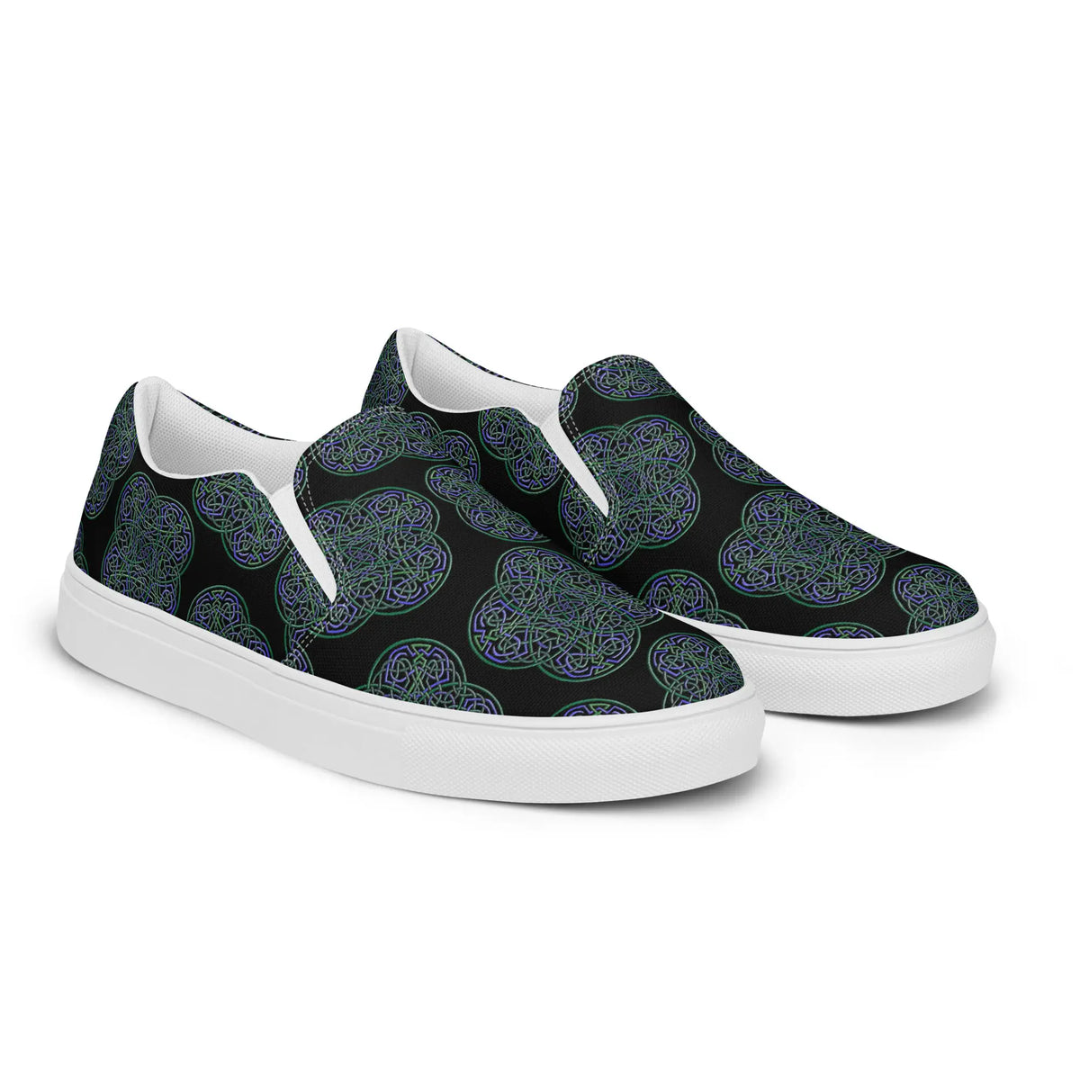 A pair of Xigfireon canvas slip-on shoes featuring the Living Colour on Black iteration of the Reach Of The Spirit Celtic knot pattern. The Reach Of The Spirit Celtic knot represents the Earth.
