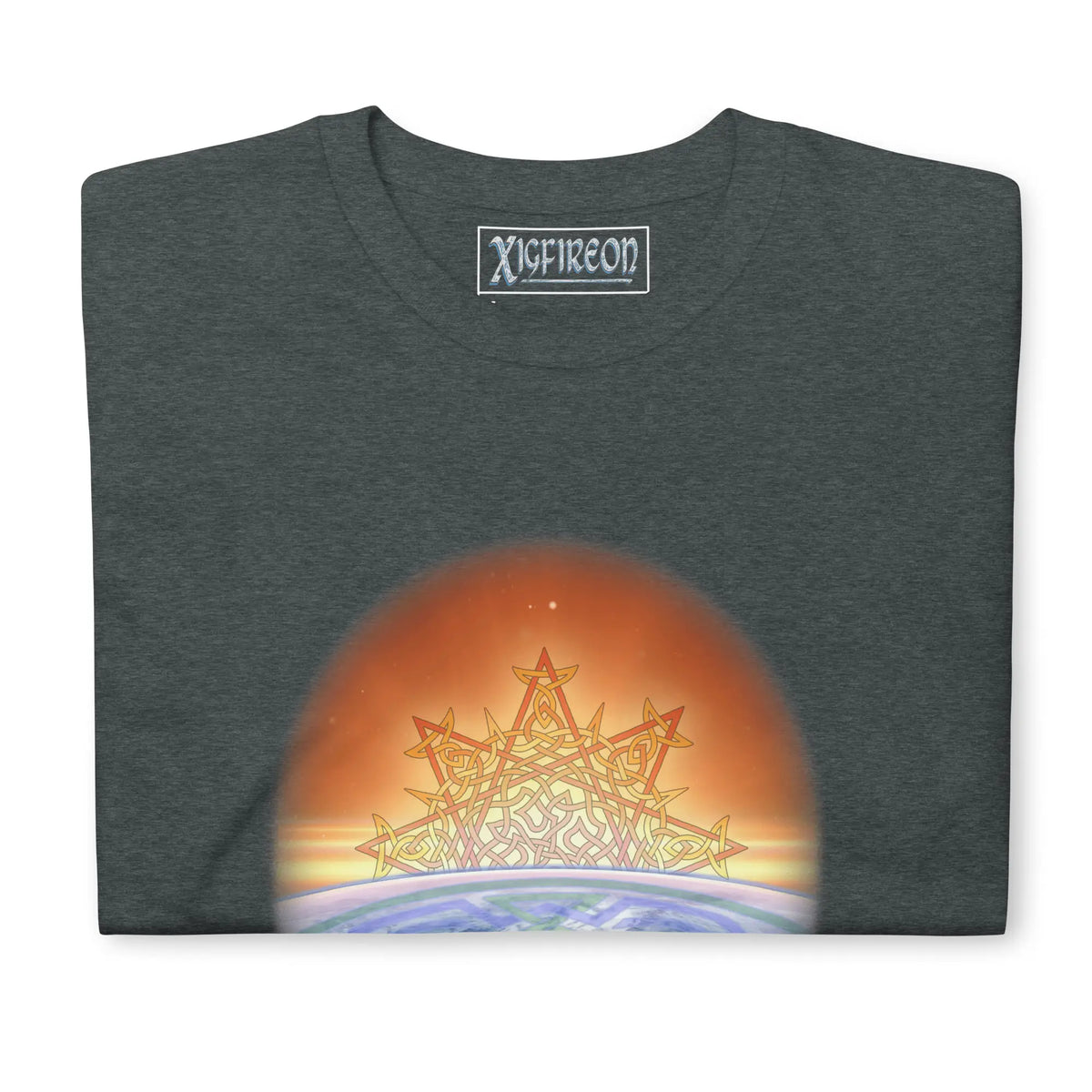 A close-up view of a dark heather Xigfireon t-shirt featuring the Derivation II Celtic knots merger design, symbolizing the cosmic dance between the Sun and the Earth.