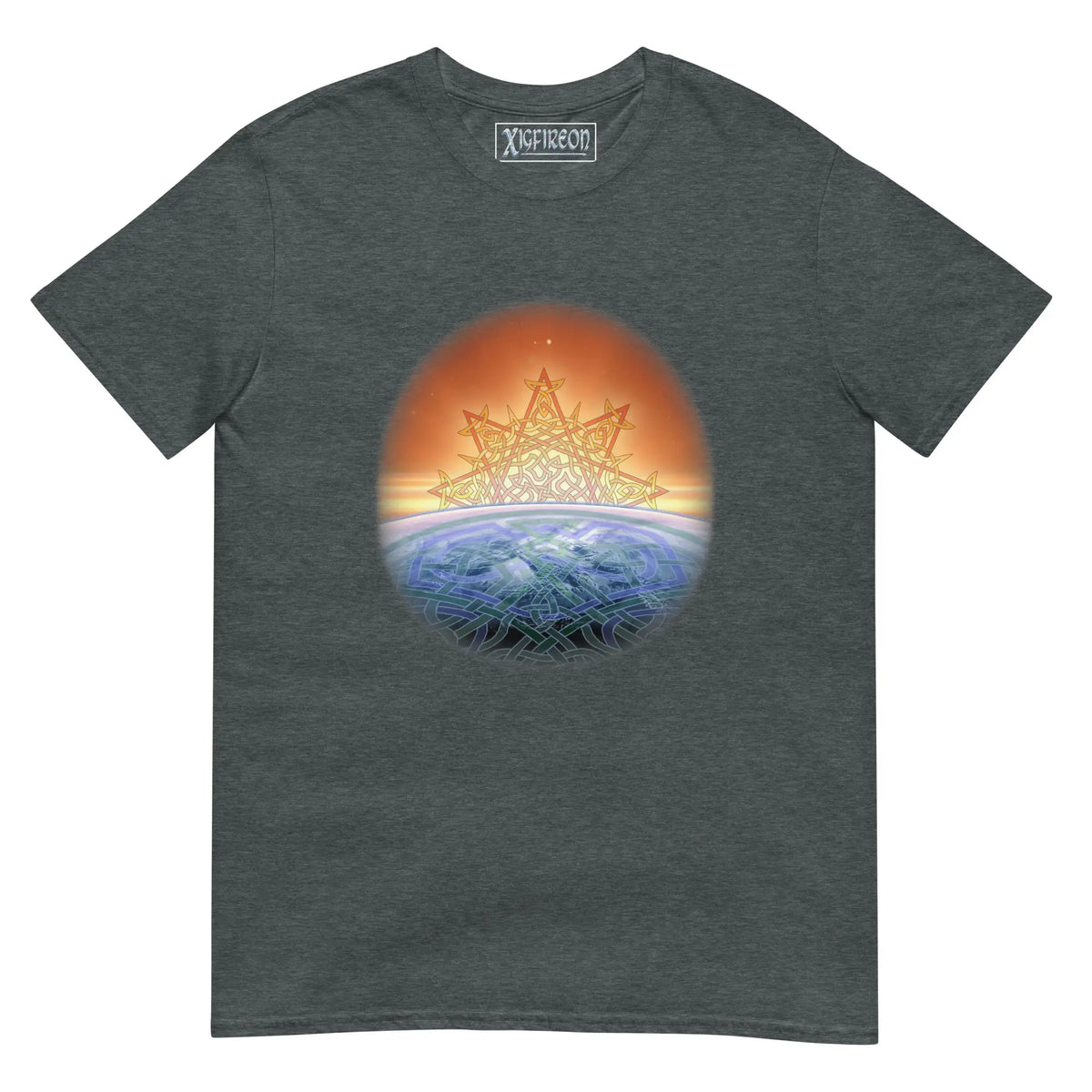 A dark heather Xigfireon t-shirt featuring the Derivation II Celtic knots merger design, symbolizing the cosmic dance between the Sun and the Earth.