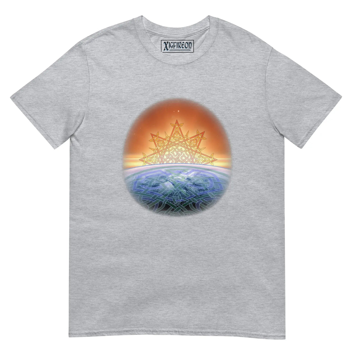 A sport grey Xigfireon t-shirt featuring the Derivation II Celtic knots merger design, symbolizing the cosmic dance between the Sun and the Earth.