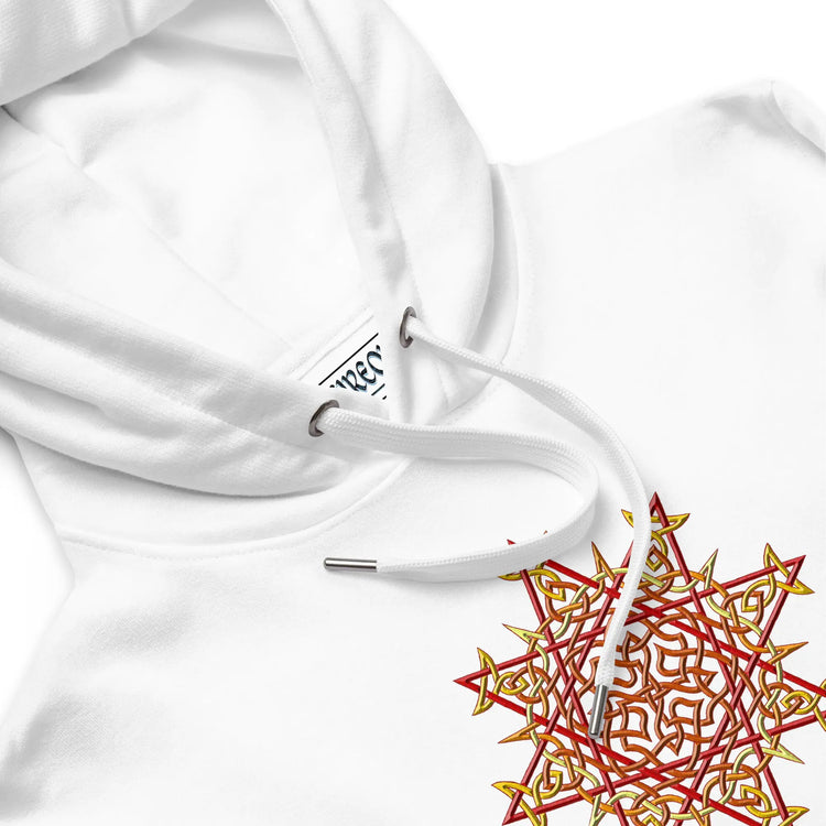 A close-up view of a white Xigfireon graphic eco-friendly hoodie featuring the Fire Colour iteration of the Morning Star Fire Celtic knot design. The Morning Star Fire Celtic knot symbolizes the Sun.