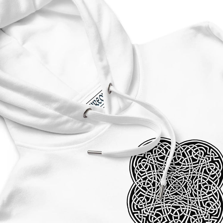 A close-up view of a white Xigfireon graphic eco hoodie featuring the Black & White Solid iteration of the Reach Of The Spirit Celtic knot design. The Reach Of The Spirit Celtic knot symbolizes our magnificent Mother Earth.