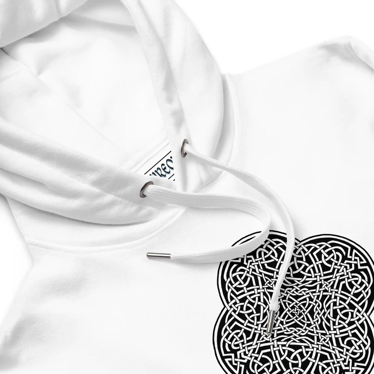 A close-up view of a white Xigfireon graphic eco hoodie featuring the Black & White Solid iteration of the Reach Of The Spirit Celtic knot design. The Reach Of The Spirit Celtic knot symbolizes our magnificent Mother Earth.