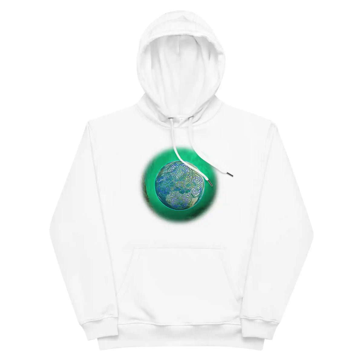A white Xigfireon graphic eco-friendly hoodie featuring the Deep Forest iteration of the Reach Of The Spirit Celtic knot design. The Reach Of The Spirit Celtic knot symbolizes our beautiful Mother Earth.