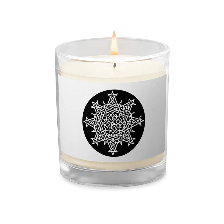 A Xigfireon glass jar soy wax candle featuring the Black & White Circle iteration of the Morning Star Fire Celtic knot design. The Morning Star Fire Celtic knot symbolizes Father Sun.