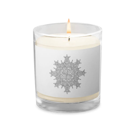 A Xigfireon glass jar soy wax candle featuring the Black & White Hollow iteration of the Morning Star Fire Celtic knot design. The Morning Star Fire Celtic knot symbolizes Father Sun.