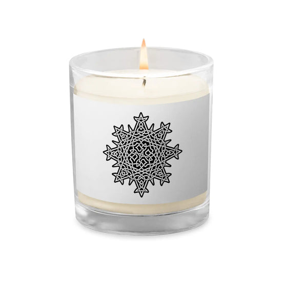 A Xigfireon glass jar soy wax candle featuring the Black & White Solid iteration of the Morning Star Fire Celtic knot design. The Morning Star Fire Celtic knot symbolizes Father Sun.