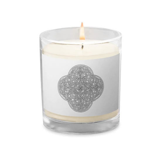 A Xigfireon glass jar soy wax candle featuring the Black & White Hollow iteration of the Reach Of The Spirit Celtic knot design. The Reach Of The Spirit Celtic knot symbolizes Mother Earth.