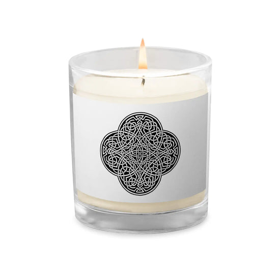 A Xigfireon glass jar soy wax candle featuring the Black & White Solid iteration of the Reach Of The Spirit Celtic knot design. The Reach Of The Spirit Celtic knot symbolizes Mother Earth.
