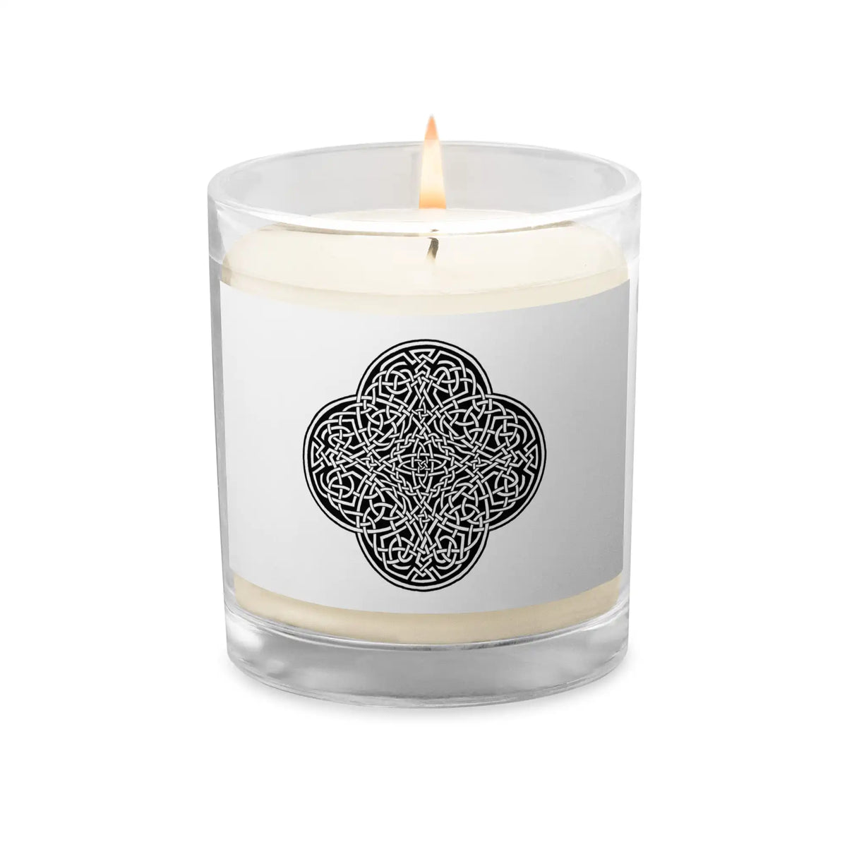 A Xigfireon glass jar soy wax candle featuring the Black & White Solid iteration of the Reach Of The Spirit Celtic knot design. The Reach Of The Spirit Celtic knot symbolizes Mother Earth.