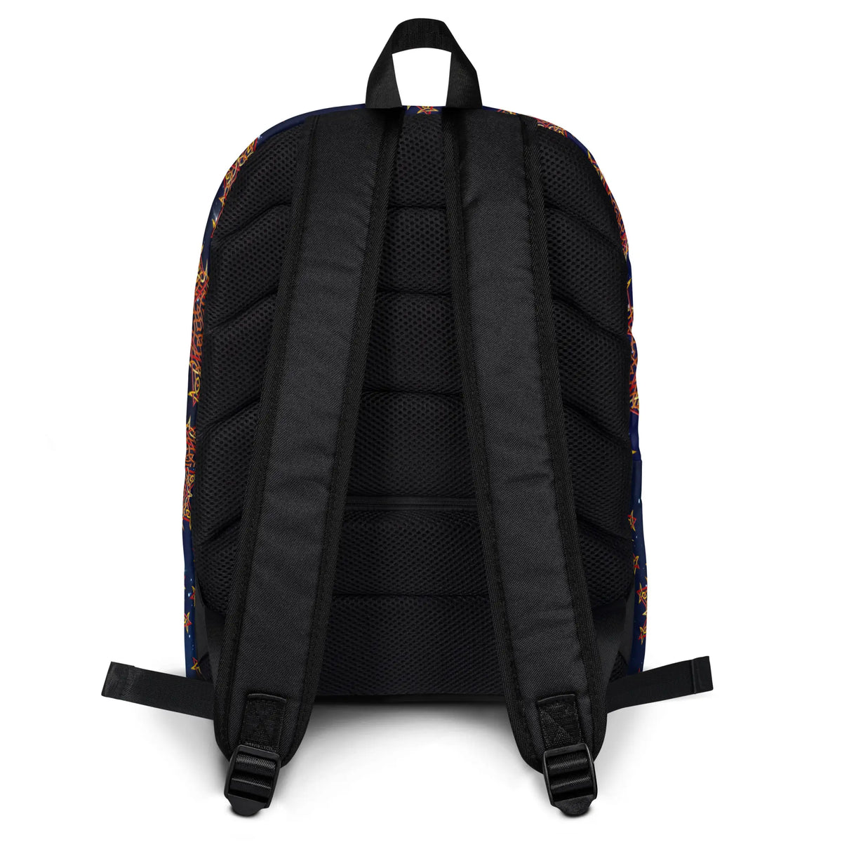 A view of the straps on a Xigfireon graphic backpack featuring the Fire Colour Cosmos iteration of the Morning Star Fire Celtic knot pattern. The Morning Star Fire Celtic knot symbolizes the Sun.