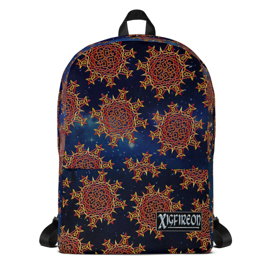 A Xigfireon graphic backpack, viewed from straight behind, featuring the Fire Colour Cosmos iteration of the `Morning Star Fire` Celtic knot pattern. The `Morning Star Fire` Celtic knot represents the Sun.