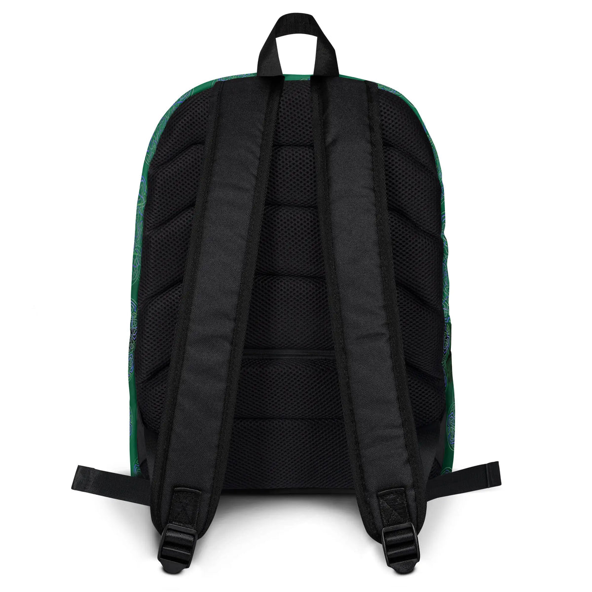 A view of the straps on a Xigfireon graphic backpack featuring the Living Colour Forest Inverted iteration of the Reach Of The Spirit Celtic knot pattern. The Reach Of The Spirit Celtic knot represents Mother Earth.