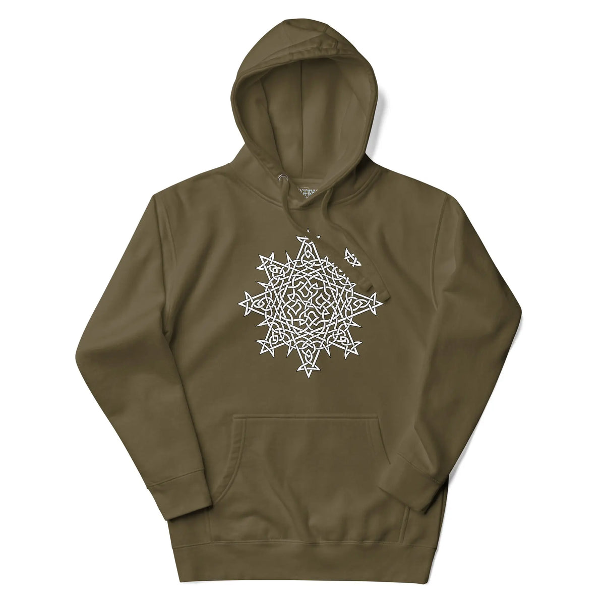 A military green Xigfireon graphic hoodie featuring the Black & White Hollow iteration of the Morning Star Fire Celtic knot design. This Celtic knot symbolizes the Sun.
