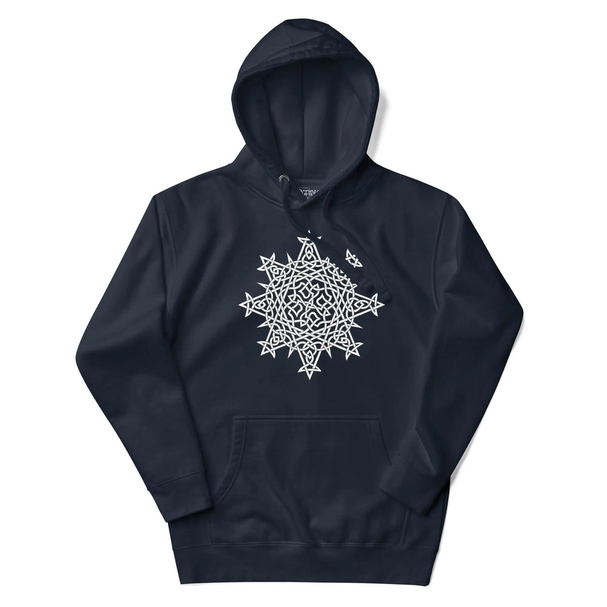 A navy blazer blue Xigfireon graphic hoodie featuring the Black & White Hollow iteration of the Morning Star Fire Celtic knot design. This Celtic knot symbolizes the Sun.