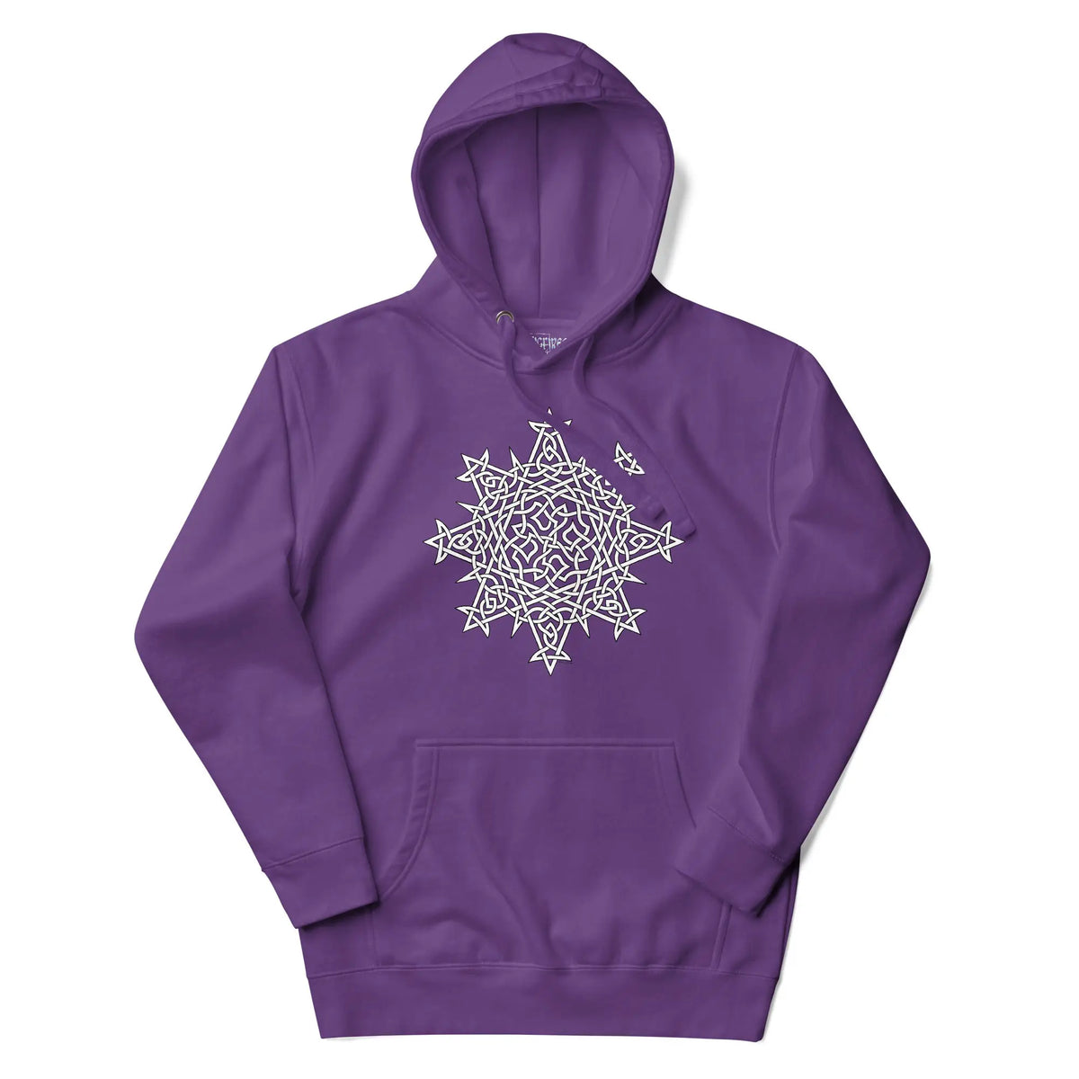 A purple Xigfireon graphic hoodie featuring the Black & White Hollow iteration of the Morning Star Fire Celtic knot design. This Celtic knot symbolizes the Sun.