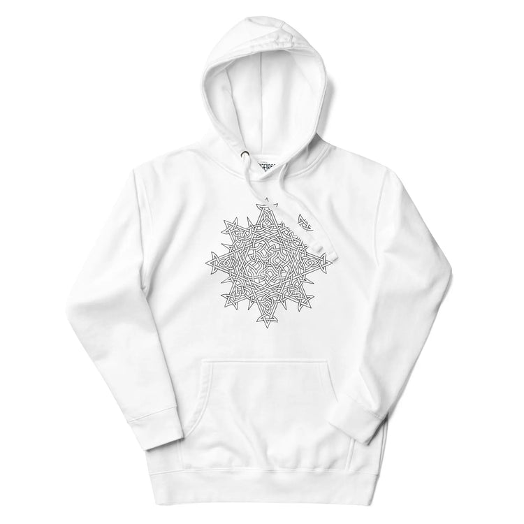 A white Xigfireon graphic hoodie featuring the Black & White Hollow iteration of the Morning Star Fire Celtic knot design. This Celtic knot symbolizes the Sun.