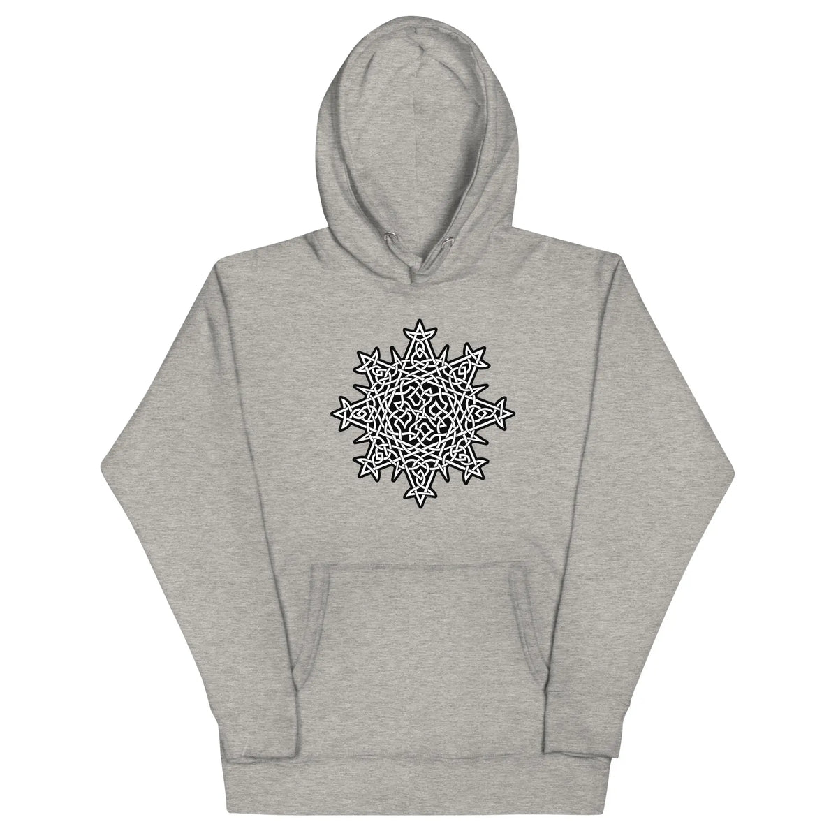 A carbon grey Xigfireon graphic hoodie featuring the Black & White Solid iteration of the Morning Star Fire Celtic knot design. This Celtic knot symbolizes the Sun.