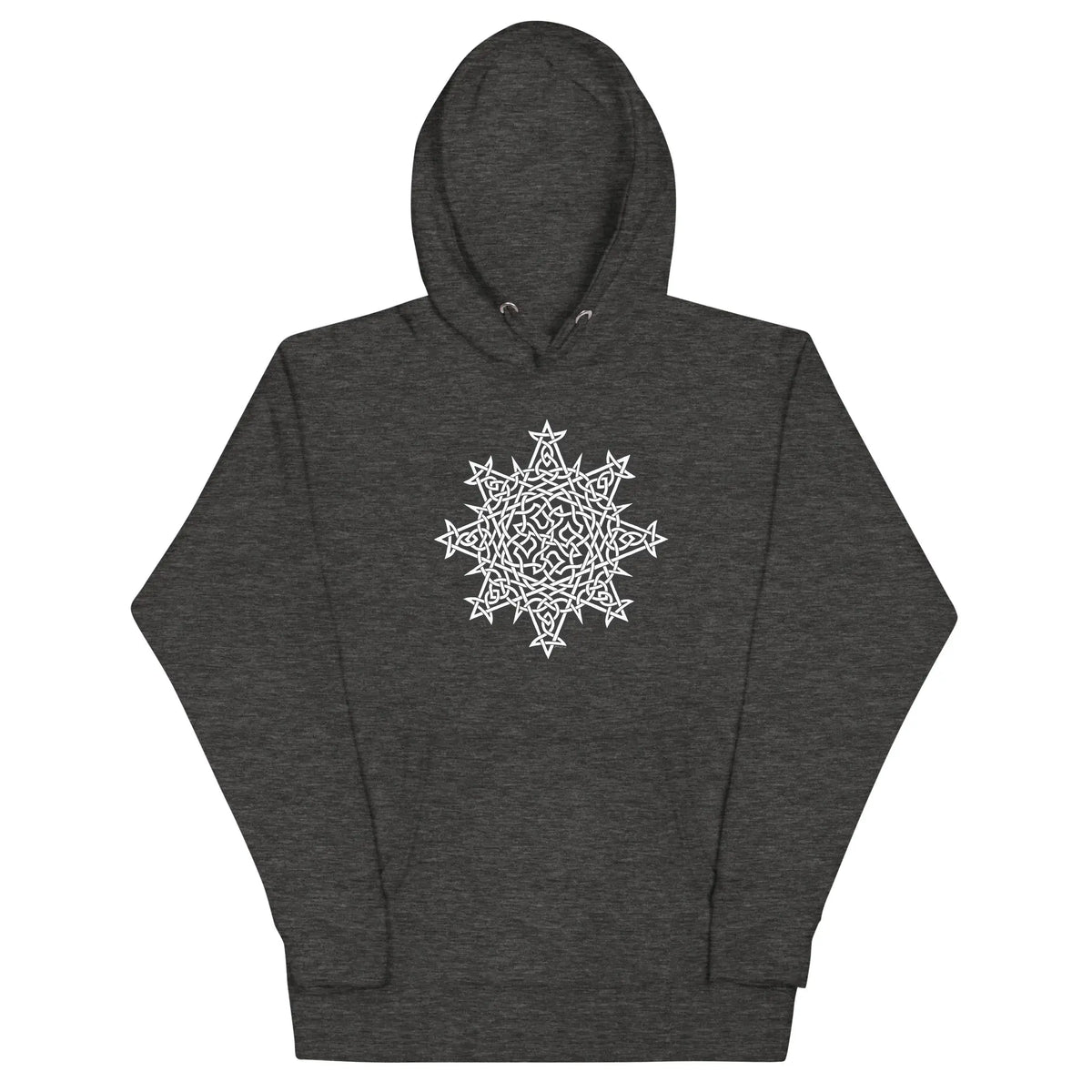 A charcoal heather Xigfireon graphic hoodie featuring the Black & White Solid iteration of the Morning Star Fire Celtic knot design. This Celtic knot symbolizes the Sun.