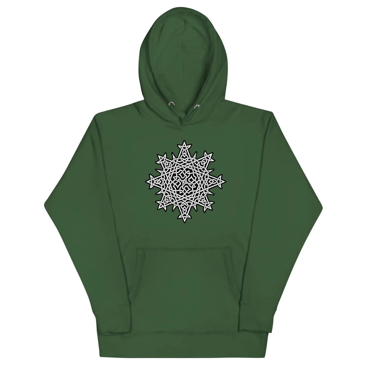 A forest green Xigfireon graphic hoodie featuring the Black & White Solid iteration of the Morning Star Fire Celtic knot design. This Celtic knot symbolizes the Sun.