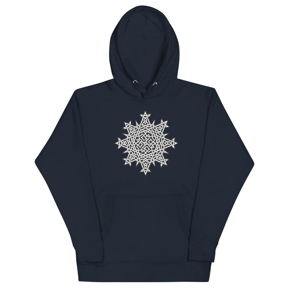 A navy blazer blue Xigfireon graphic hoodie featuring the Black & White Solid iteration of the Morning Star Fire Celtic knot design. This Celtic knot symbolizes the Sun.