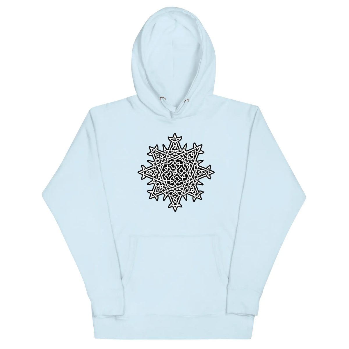 A sky blue Xigfireon graphic hoodie featuring the Black & White Solid iteration of the Morning Star Fire Celtic knot design. This Celtic knot symbolizes the Sun.