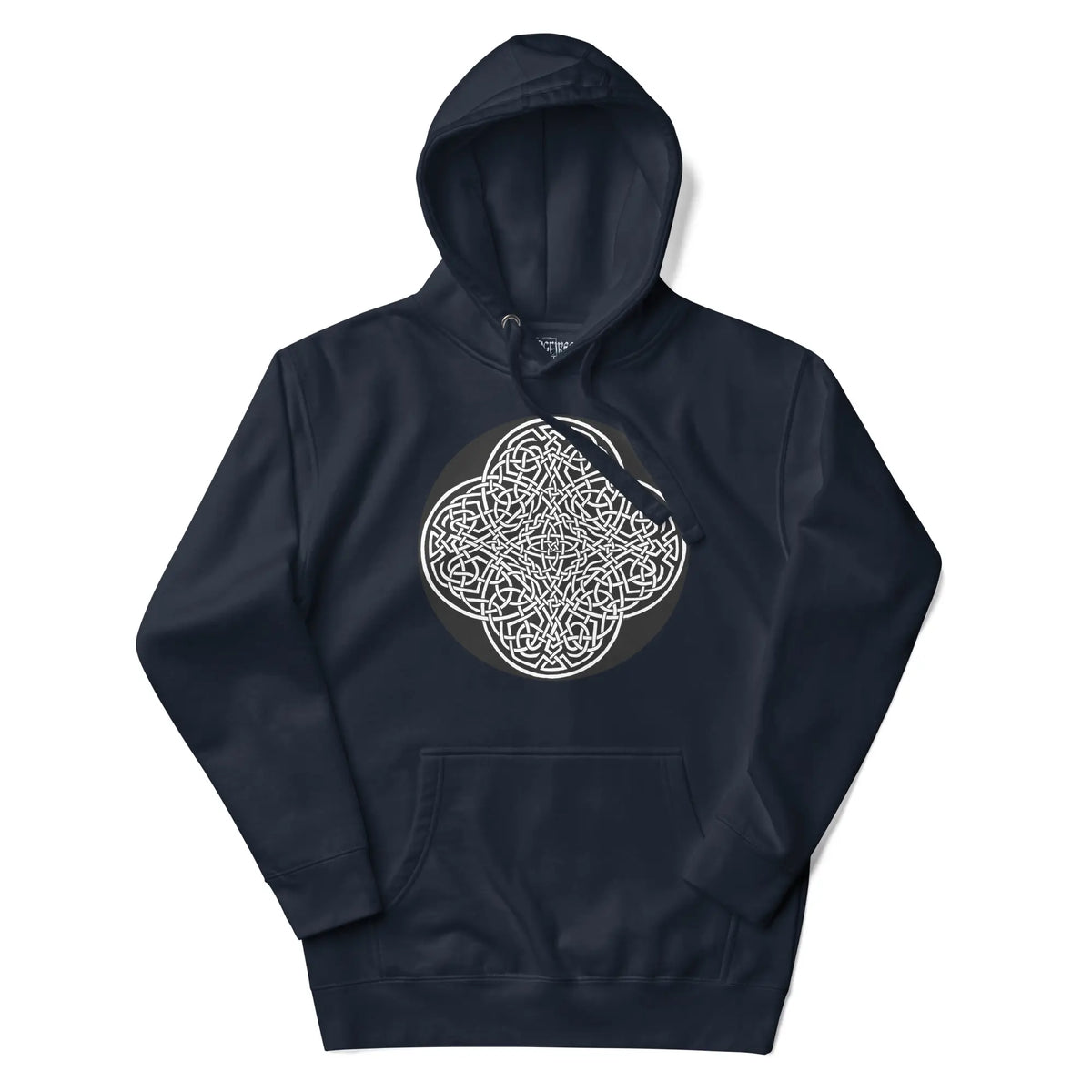 A navy blazer blue Xigfireon graphic hoodie featuring the Black & White Circle iteration of the Reach Of The Spirit Celtic knot design. The Reach Of The Spirit Celtic knot represents our magnificent Mother Earth.