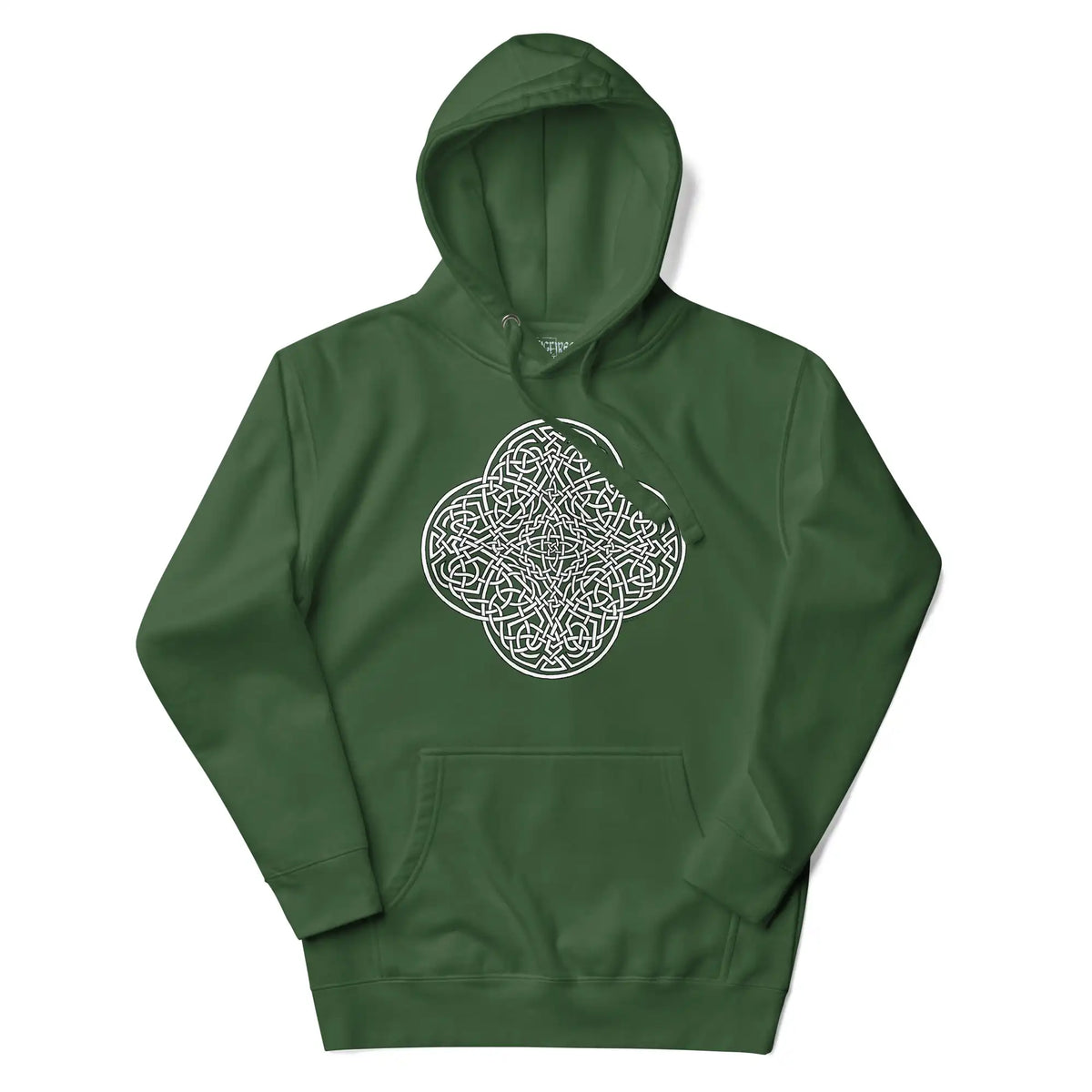 A forest green Xigfireon graphic hoodie featuring the Black & White Hollow iteration of the Reach Of The Spirit Celtic knot design. The Reach Of The Spirit Celtic knot symbolizes the Earth.