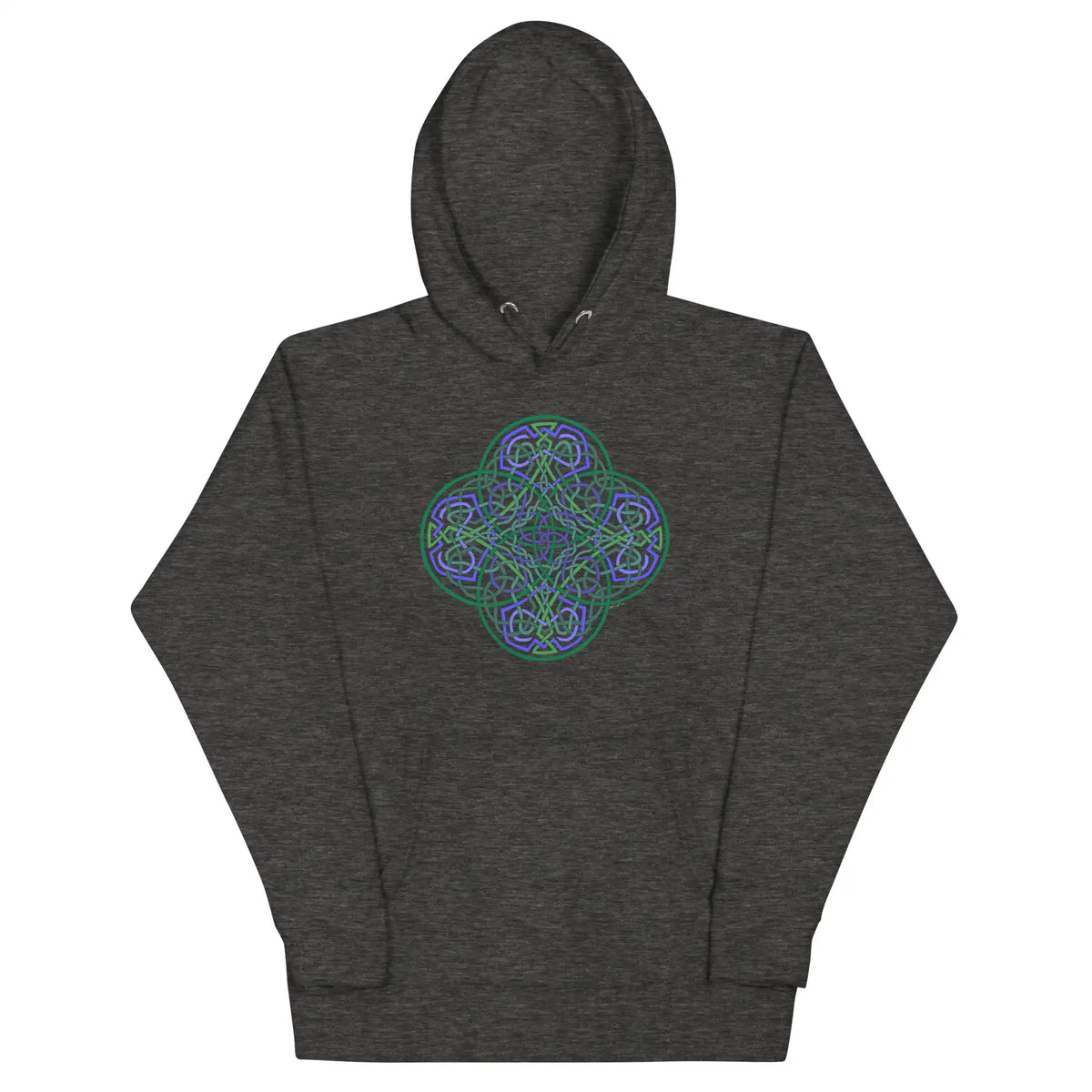 A charcoal heather Xigfireon graphic hoodie featuring the Living Colour Flat iteration of the Reach Of The Spirit Celtic knot design. The Reach Of The Spirit Celtic knot represents the Earth.