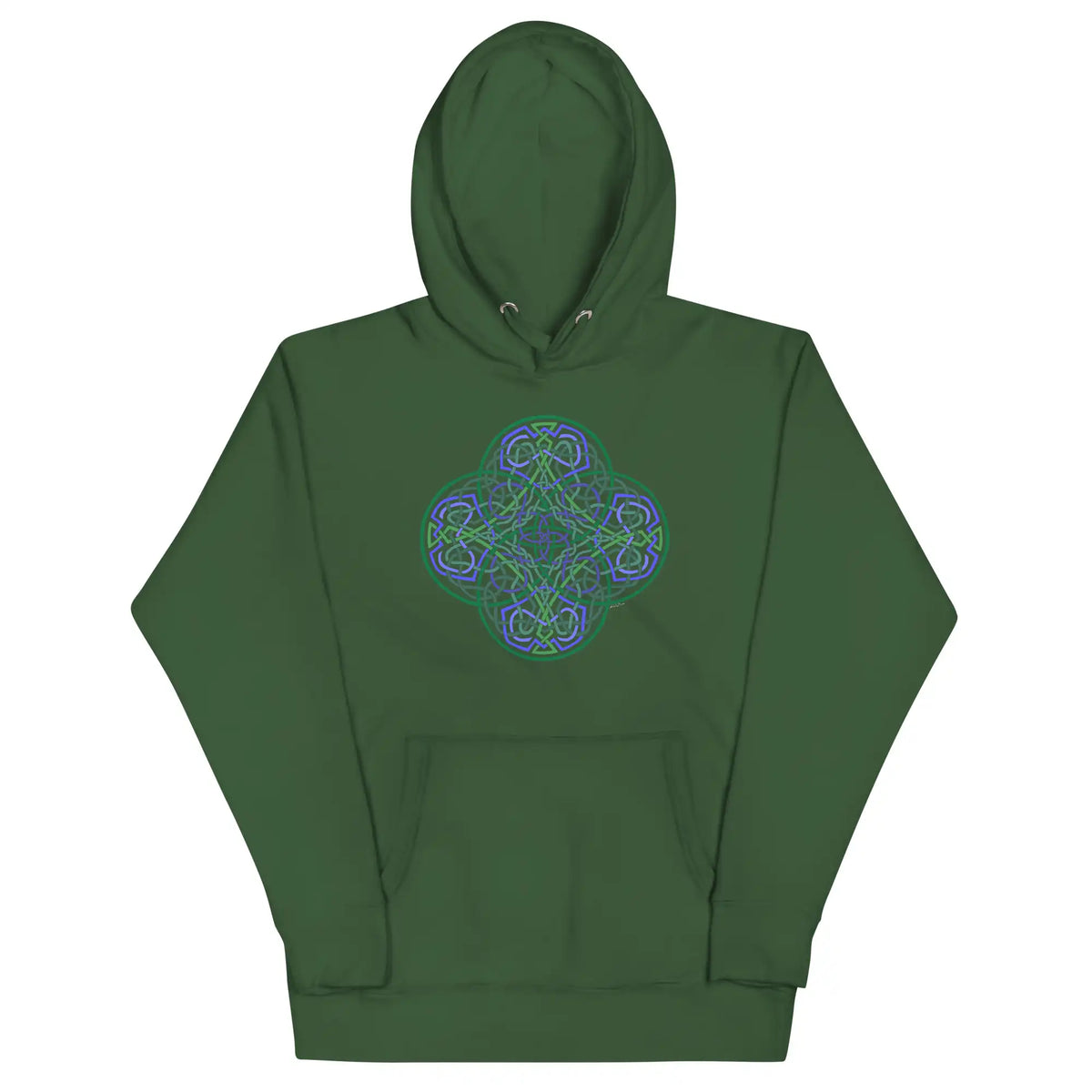 A forest green Xigfireon graphic hoodie featuring the Living Colour Flat iteration of the Reach Of The Spirit Celtic knot design. The Reach Of The Spirit Celtic knot represents the Earth.