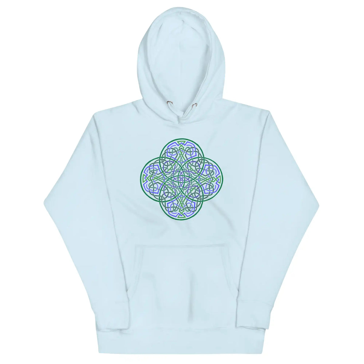 A sky blue Xigfireon graphic hoodie featuring the Living Colour Flat iteration of the Reach Of The Spirit Celtic knot design. The Reach Of The Spirit Celtic knot represents the Earth.