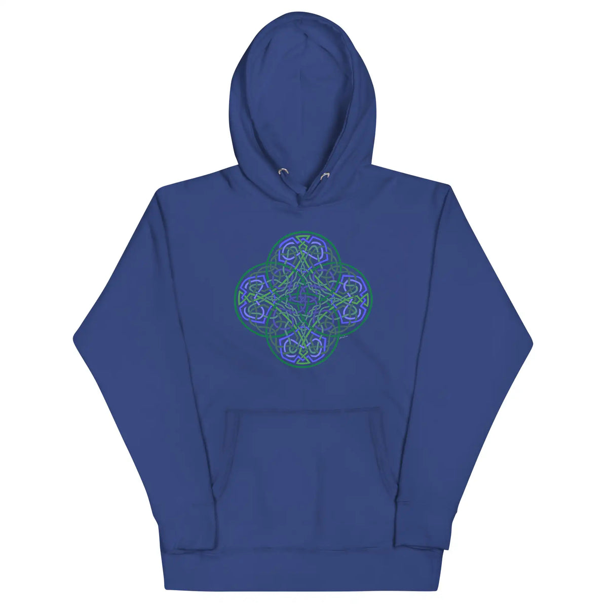 A team royal blue Xigfireon graphic hoodie featuring the Living Colour Flat iteration of the Reach Of The Spirit Celtic knot design. The Reach Of The Spirit Celtic knot represents the Earth.