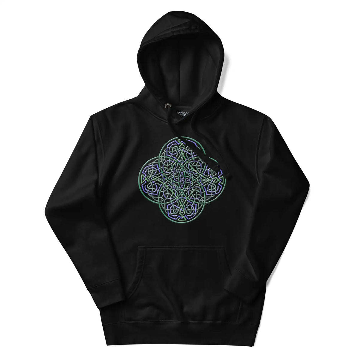 A black Xigfireon graphic hoodie featuring the Living Colour iteration of the Reach Of The Spirit Celtic knot design. The Reach Of The Spirit Celtic knot is an Earth symbol.